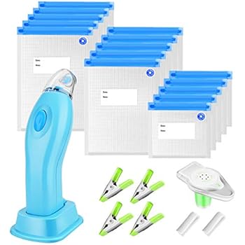 Sous Vide Bags Kit Handheld Vacuum Sealer BPA Free 15 Reusable Vacuum Sealer Bags 1 Vacuum Wine Stopper 2 Sealing Clips 4 Sous Vide Clips for Food Preservation Kitchen Homemaker (Blue)