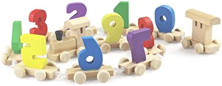 Wooden Toy Train Set for Toddlers by KidzZings - 12 Colorful Number Pieces 0-9 with Engine and Caboose