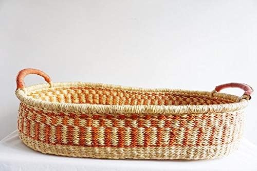Natural Patterned Handmade Woven Baby Changing Basket Leather Handle. Fair Trade and Ethical Made in Ghana