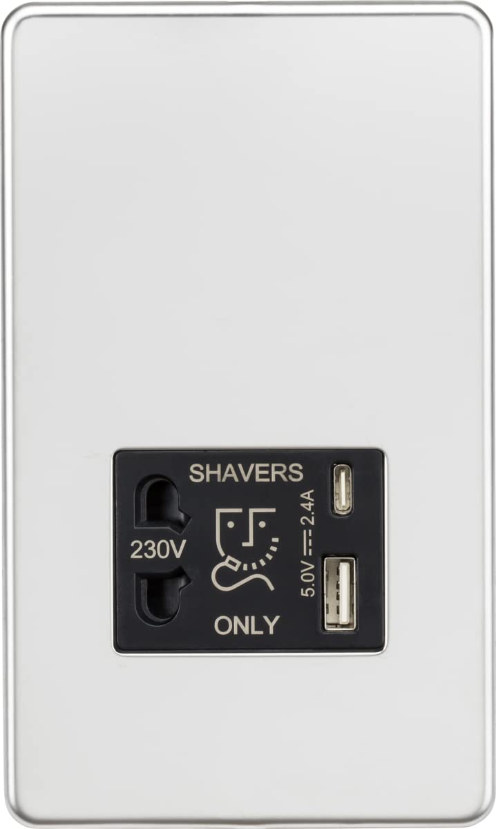 Knightsbridge Screwless Shaver Socket with Dual USB A+C (5V DC 2.4A Shared) - Polished Chrome with Black Insert