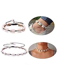 Starain 2 Pack Beach Shell Necklace Anklet Set for Women Handmade Summer Beads Ankle Bracelet Adjustable