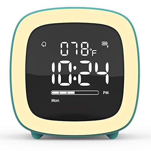 Kids Alarm Clock, Cute-TV Night Light Alarm Clock for Kids, Girls, Children, Bedroom, Rechargeable Battery Operated Alarm Clock with Sleep Timer, Indoor Thermometer - Cyan