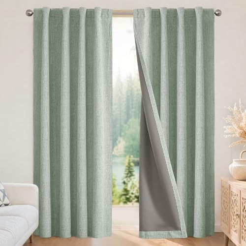 Joydeco Linen Curtains 96 inches Long 100% Blackout Drapes 95 inch Length 2 Panels Set for Bedroom Living Room Black Out Darkening Curtain Thermal Insulated Back tab Rod Pocket(52x96 inch,Sage Green)