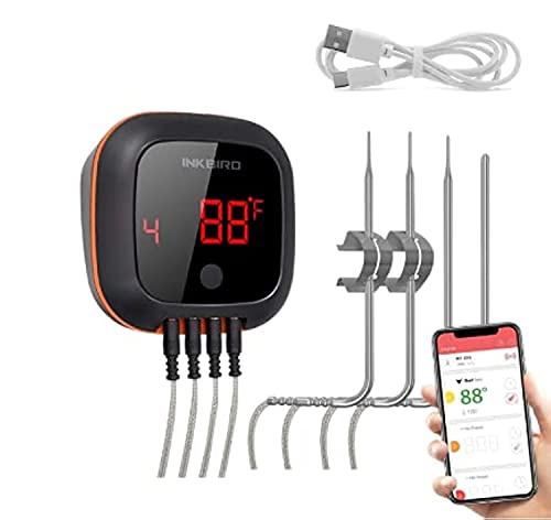 INKBIRD Bluetooth BBQ Thermometer IBT-4XS with 4 Probes, Digital Wireless Meat Thermometer with Timer & Alarm for Kitchen Cooking, Grilling, Oven, Accurate Temp, Rechargeable, LED Screen Magnetic Back