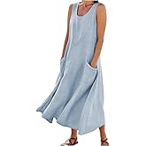 Apvirdy Linen Dress for Women Summer Sleeveless Solid Casual Baggy Flowy Maxi Dresses with Pockets
