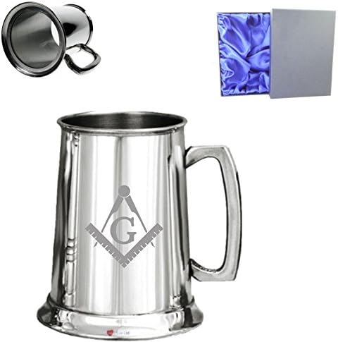 1 Pint Plain Glass Bottom Pewter Tankard With Masonic Design and Silk Lined Presentation Box