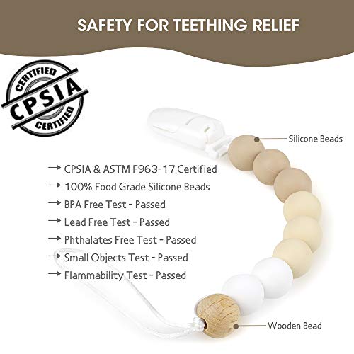 MCGMITT Pacifier Clip, Silicone Binky Teether Holder BPA Free Teething Beads for Baby Girls Boys, 2 Pack Shower Gift Set (Beige)