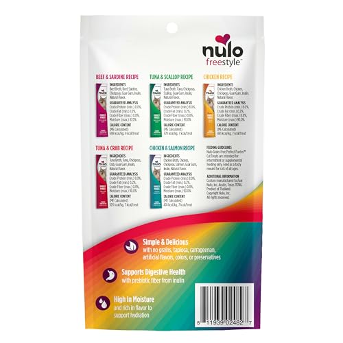 NULO FREESTYLE GRAIN-FREE PERFECT PUREES PREMIUM WET CAT TREATS, SQUEEZABLE MEAL TOPPER FOR FELINES, HIGH MOISTURE CONTENT TO SUPPORT HYDRATION, 0.5 OUNCES IN EACH LICKABLE WET CAT TREAT POUCH