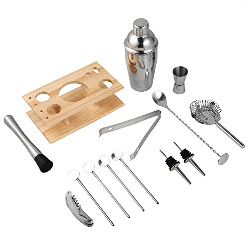 14 Piece Cocktail Shaker Set - Bar Accessories: Cocktail Shaker, dual capacity jigger, 4 drink stirrer, cocktail muddler, ice tongs, mixing spoon, 2 bottle poures, wine opener, and Wooden Gift Box