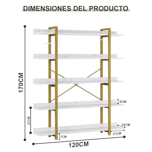 SIMPLE ESPACIO Librero 5 Nivele,Librero Organizador,para Sala/Estudio/Cocina,Estilo Contemporáneo,Estructura Madera y Metal, Tamaño: 170 * 120 * 24 CM, Cada Capa Puede soportar 15 KG. (Mármol+Blanco)