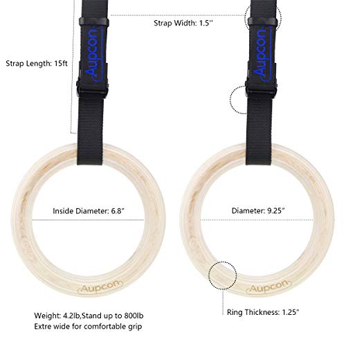 AUPCON Wooden Gymnastics Rings with Heavy Duty Adjustable Straps - Olympic Gym Ring for Strength Training, Workout, Bodybuilding, Cross Training, Fitness, Pull-Ups and Dip 1.25 in