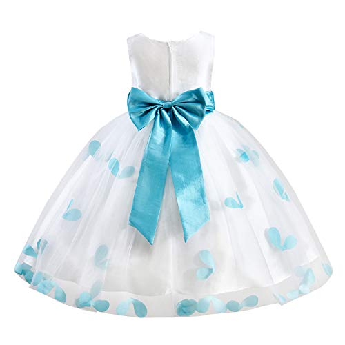 Girls Tutu Bow Dress Petals Princess Flower Dress with 3D Roses for Birthday Wedding Party (5, Blue)