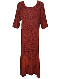 Mogul Womens Maxi Dresses Enzyme Wash Floral Embroidered Tunic Maxi Dress XL
