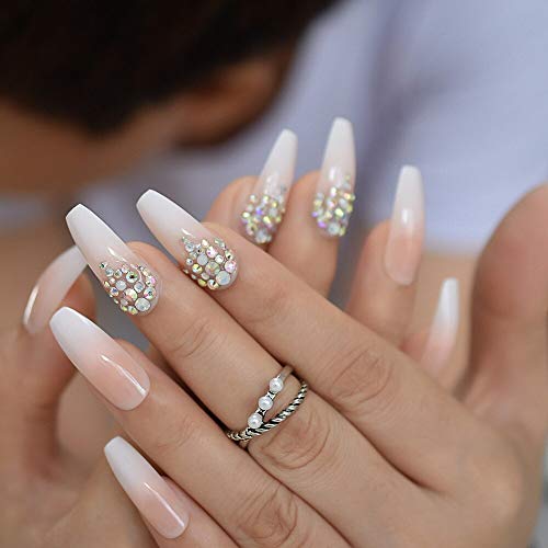 Luxury Coffin Nails with AB Rhinestones Ombre French Nail with Stones Long False Nails Natural Color Designed 2 Luxury Coffin Nails with AB Rhinestones Ombre French Nail with Stones Long False Nails Natural Color Designed