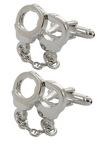 Cufflinks for Men + Presentation Box - Fun - Handcuffs and Chain - Brass Metal - Crime Police Security Guard - Silver Colour - One Pair