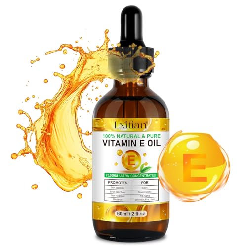 Pure Vitamin E, 100% Natural Vitamin E Oil for Skin, Organic Vitamin E Oil 75,000 IU, for Scars and Stretch Marks, Hydration of Dry Skin and Reduces Wrinkles, Firming Skin, 60 ml