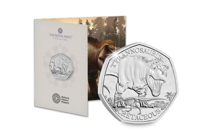 CrawleyCoins 2024 Dino – 01 Tyrannosaurus Rex T-Rex Dinosaur 50p Brilliant Uncirculated Coin in Mint Pack