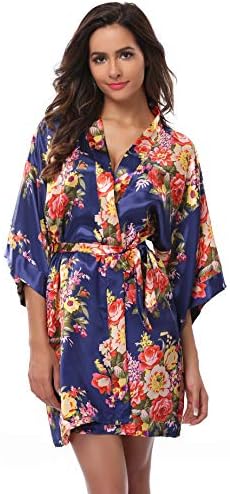 Feelia Women's Silky Bathrobe Short Sleepwear Satin Robe Floral Kimono for Wedding Party Getting Ready