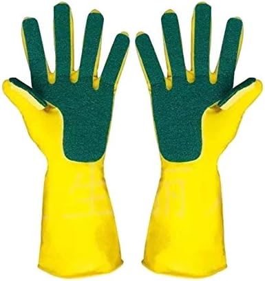 Kitchen Rubber Gloves with Scouring Kitchen Dish Washing Cleaning Glove Sponge Fingers Rubber (two hand with cloth)