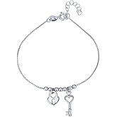 Vanbelle Sterling Silver Jewelry - Rhodium Plated with 925 Stamp - Hanging Lock & Key Bracelet - Elegant Handcrafted - for Women - 6.5" long + 1" extender