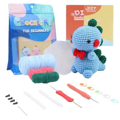 Umootek Dinosaur Crochet Kit for Beginner, Crochet Starter Kit with Step-by-Step Video Tutorials, Handmade DIY Knitting Kit with Yarn for Adults and Kids