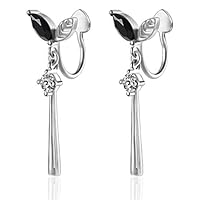 OwMell 925 Sterling Silver Delicate Non-Pierced Ear Cuff Leaf Bud Drop Dangle Earrings Black Cubic Zirconia