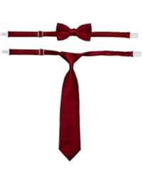 Boys Solid Satin Pre-Tied Long Necktie and Bow #TieSet1 (16-20, Burgundy)
