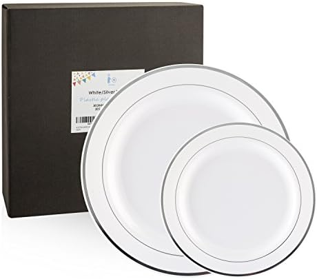 I00000 60 Pieces White Silver Plastic Plates, Heavyweight Disposable Plates,Plastic Party Wedding Plates Includes 30 Dinner Plates 10.25 Inch and 30 Dessert Plates 7.5 Inch