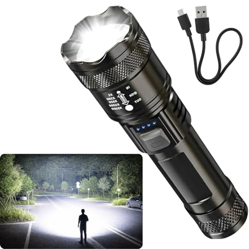 Lanterna T9 Tática LED Recarregável P50 Alta Potência 1200 Lumens Zoom Longo Alcance Ajustável Profissional - 3 Modos de Iluminação - Camping Trilhas Emergência Resistente e Compacta