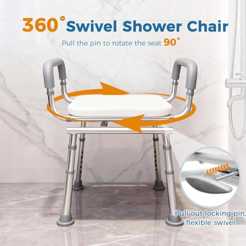 Swivel Shower Chair with Armrest and Backrest - Adjustable Height and Heavy Duty (250kg) - Safe Bath and Shower Stool for Elderly and Disabled People - For