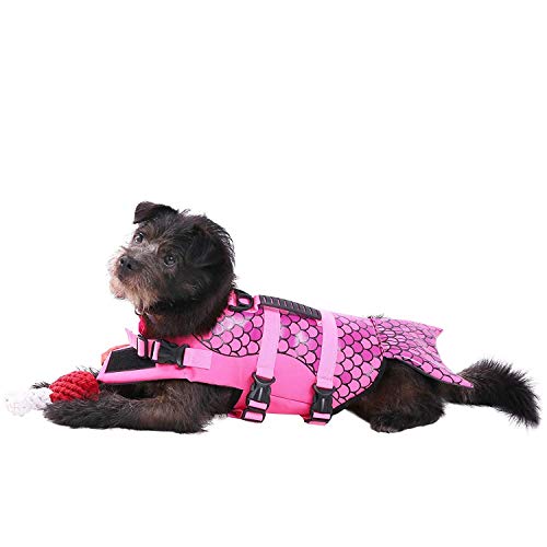 Queenmore Ripstop Medium Dog Life Jacket Fish Style Floatation Vest with Adjustable Soft Rubber Handle Pink Fish,M