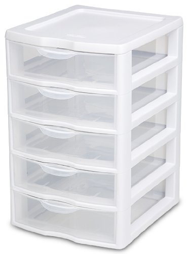 Sterilite 20758004 Small 5 Drawer Unit, White Frame with Clear Drawers, 4-Pack