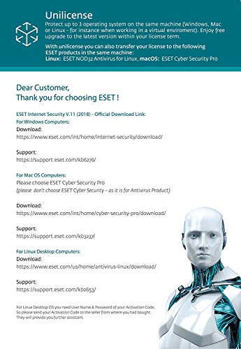 Eset Internet Security 2018, 1 Device 3 Year Subscription (License Key inside package)