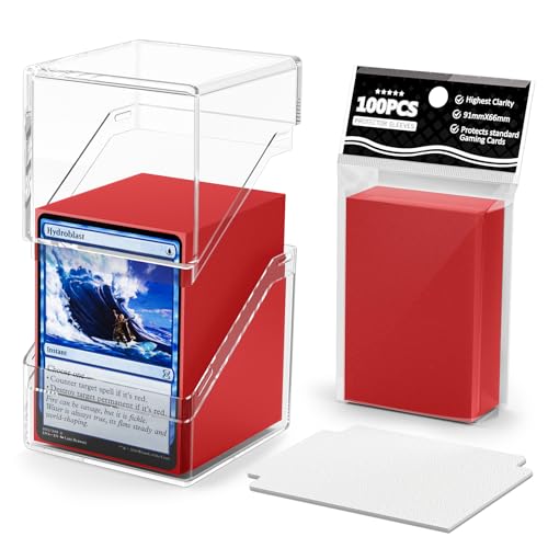 YSCare Card Deck Case, Clear Deck Box with 100 Pack Card Sleeves and Divider, Standard Commander Deck Storage Box Perfect Fit for MTG, Sport, Trading Cards (Red)