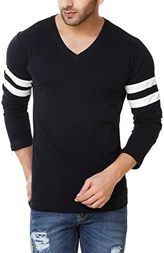 Hazle Avenue Men's Contrast Color Stitching V Neck Neck Long Sleeve Basic Striped Black T-shirt