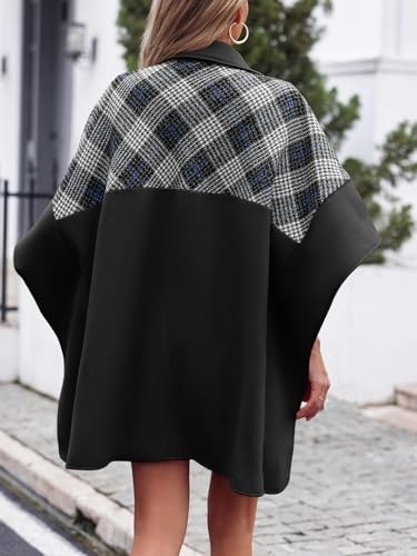 TANKANEO WOMENS OVERSIZED PLAID PEA COAT WINTER CASUAL MID LENGTH CAPE PONCHO JACKETS WITH POCKETS