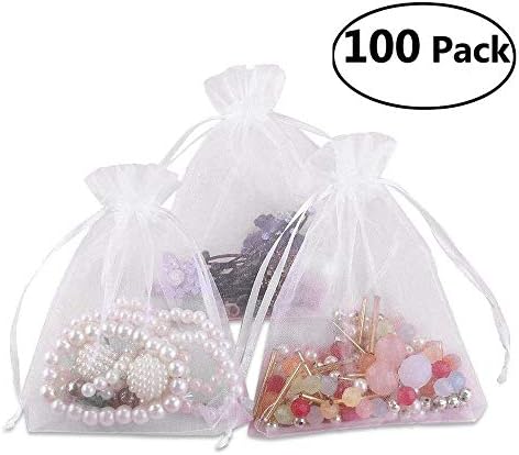 Komire 100Pcs 3.54 x 4.72 Inches (9 x 12cm) Sheer Drawstring Organza Jewelry Pouches Wedding Party Candy, Tulle Bags Christmas Favor Gift Bags Decorative (White)