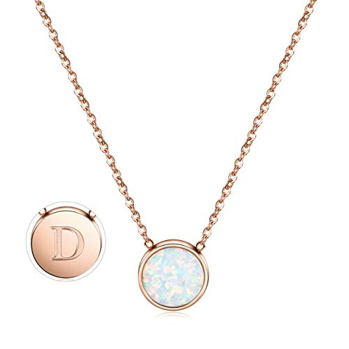 CIUNOFOR Opal Necklace Rose Gold Plated Round Disc Initial Necklace Engraved Letter D with Adjustable Chain for Women Girls