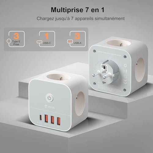 VEFVE Cube Wall Power Strip with USB C 20W, 7-in-1 Power Strip with 3 AC Outlets, 4 USB Ports (1 USB-C + 3 USB-A), Fast Charger, Switch, 3680W - for Home, Office, Phone