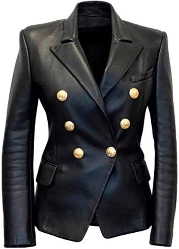 Womens Kim Kardashian Black Double Breasted Slim Fit Real Leather Jacket Blazer