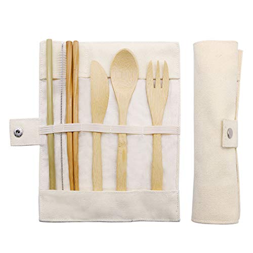 Bamboo Cutlery Set, Travel Cutlery Set Eco Friendly Flatware Set Camping Cutlery Set with Travel Pouch Knife Fork Spoon and Chopsticks Straw by HansGo