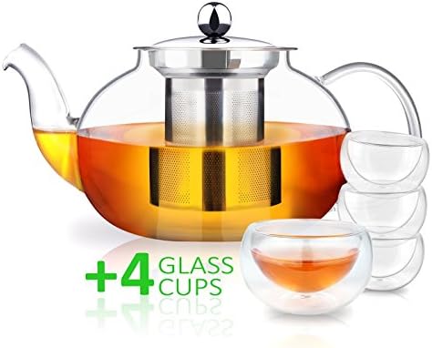 AckMond 27 Ounce / 800 ml Clear Glass Teapot with 4 Elegant Glass Cups, Stainless Steel Infuser &amp; Lid, Borosilicate Glass Tea Pots