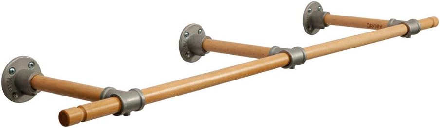 OROPY Solid Beech Wooden Clothes Rail, 110 cm Hanging Bar with Metal Pipe, Holds up to 50 kg, Wall Mounted Clothing Rack for Bedroom, Laundry Room, Cupboard Wardrobe, Natural Colour