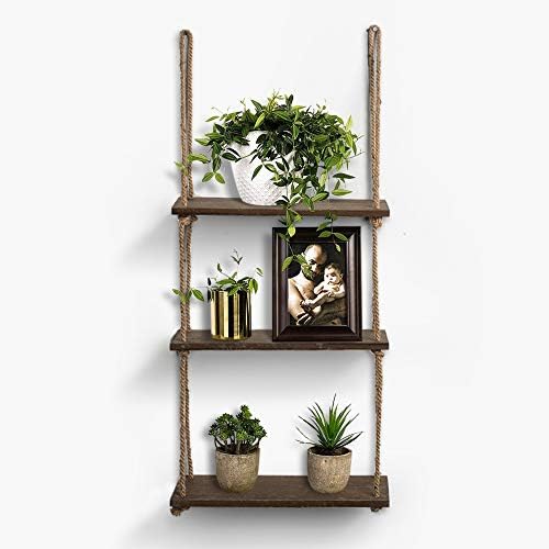 AHDECOR Rustic Wood Floating Wall Shelves with Jute Rope, Hanging Display Storage Shelf for Home Decor, 3 Tier