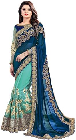 Arohi Designer Silk, Georgette and Net Embroidered Saree with Blouse Piece (Blue and Green, Free Size)
