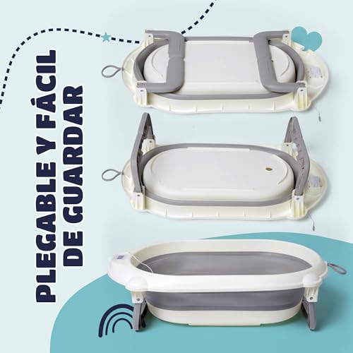 Baby Bath with Feet – Includes Digital Thermometer + Ergonomic Cushion + Bath Jug – Foldable Baby Bath – Non-Slip Feet – Banheira Baby with Stand – See Mounting Video Included