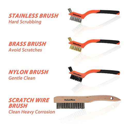 ValueMax Wire Brush Set 8Pcs Stainless Steel/Brass/Nylon Bristles with Curved Handle Grip, Heavy Duty Stainless Steel Wire Scratch Brush with Beechwood Handle for Rust, Dirt and Paint Cleaning