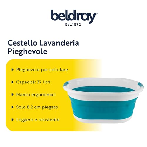 Beldray LA034816TQ Foldable Oval Basket - with Durable Plastic Handles, 37L Capacity, Turquoise, Lightweight, Space Saving Solution, Laundry Basket, Foldable Laundry Basin