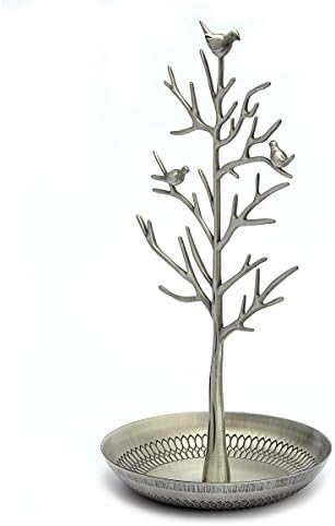 Rova Rustic Jewelry Tree Organizer Tower Display Stand with Dish Base (Faded Silver)