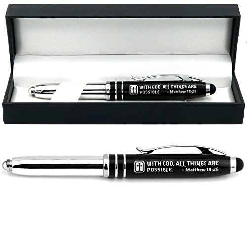 Matthew 19:26 Gift Pen with LED Light and Stylus Tip - "With God All Things Are Possible." - Inspirational Religious Bible Gift for Christian Man Woman - Engraved with Scripture and Cross